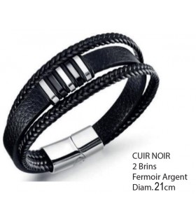 BRACELET CUIR NOIR 2 BRINS D.21CM C2