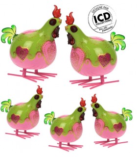 POULE ROSE/VERTE SET DE 5 H.20-30CM*