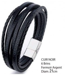 BRACELET CUIR NOIR 6 BRINS D.21CM C2