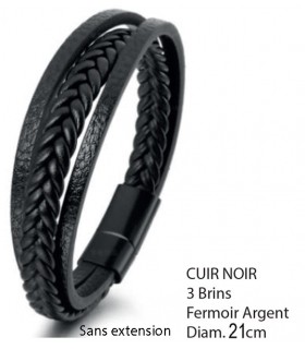 BRACELET CUIR NOIR 3 BRINS D.21CM C2