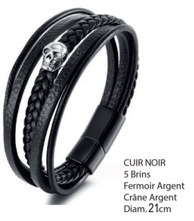 BRACELET CUIR NOIR 5 BRINS CRANE D.21CM C2