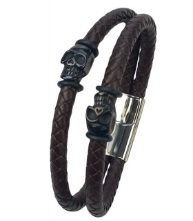 BRACELET CUIR BRUN CRANE NOIR D.21CM C2